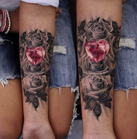 Tattoos - Heart Diamond and Roses Tattoo - 115399